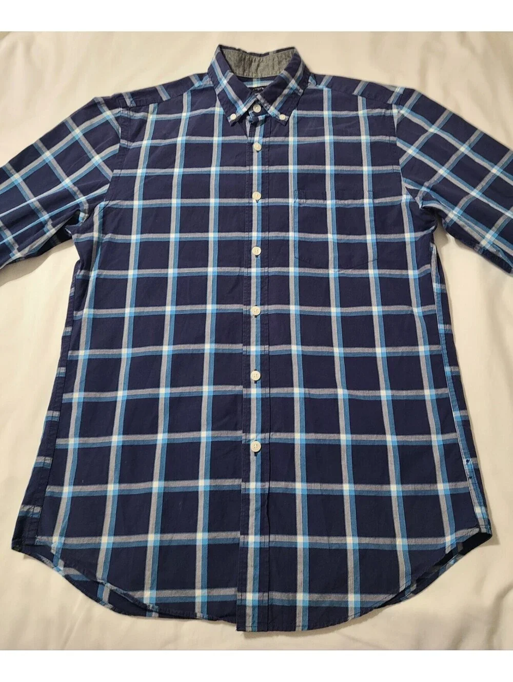 J Crew Plaid Shirt Mens Sz Small Blue Plaid Button Down 100% Cotton Coastal EUC